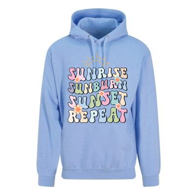 Sunrise Sunburn Sunset Repeat Pink Flowers Retro Wavy Groovy Gift Unisex Surf Hoodie