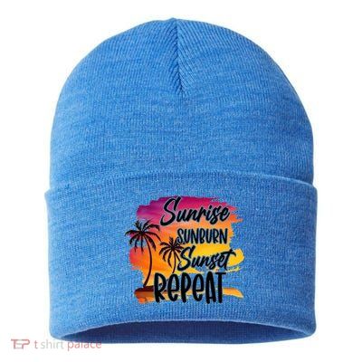 Sunrise Sunburn Sunset Repeat Great Gift Sustainable Knit Beanie