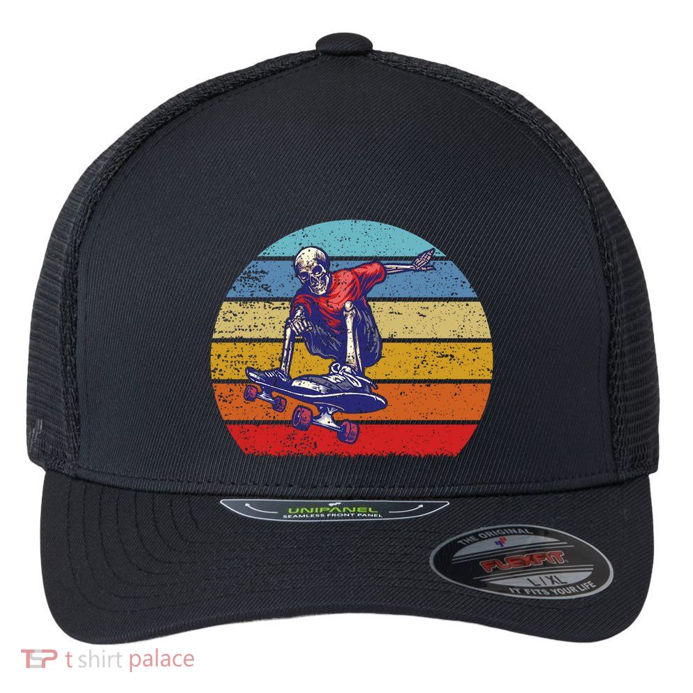 Skateboard Skeleton Skater Retro Vintage Skating Gift Flexfit Unipanel Trucker Cap