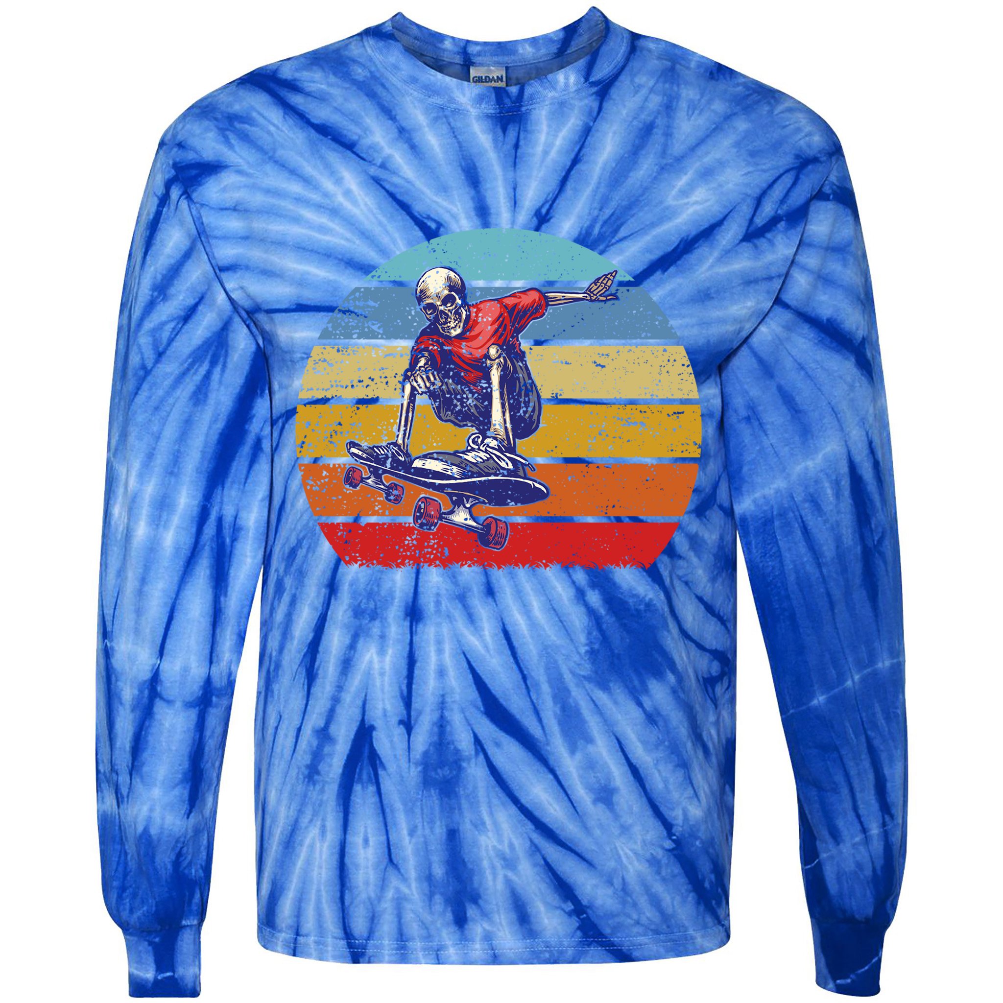 Skateboard Skeleton Skater Retro Vintage Skating Gift Tie-Dye Long Sleeve Shirt