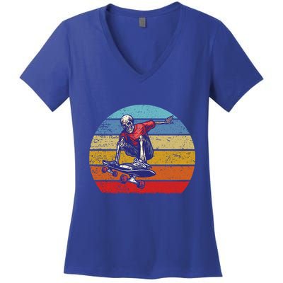 Skateboard Skeleton Skater Retro Vintage Skating Gift Women's V-Neck T-Shirt