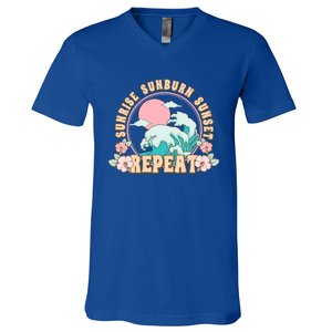 Sunrise Sunburn Sunset Repeat Retro Groovy 70S Flowers Beach Gift V-Neck T-Shirt