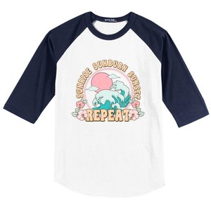 Sunrise Sunburn Sunset Repeat Retro Groovy 70S Flowers Beach Gift Baseball Sleeve Shirt