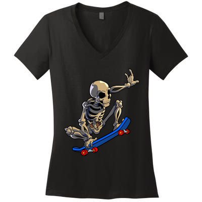 Skateboarding Skeleton Skater Skateboard Halloween Women's V-Neck T-Shirt