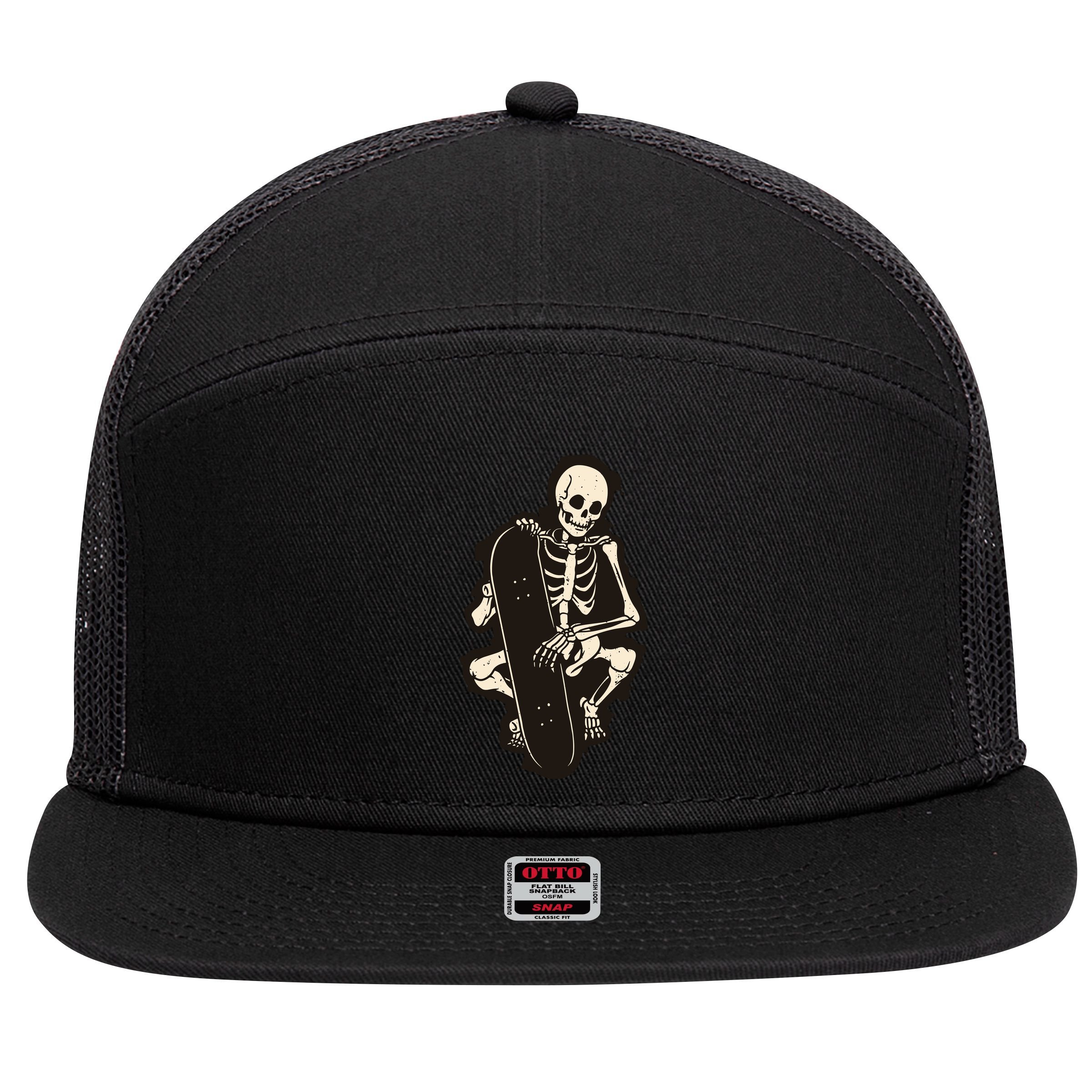 Skeleton Skateboarder 7 Panel Mesh Trucker Snapback Hat