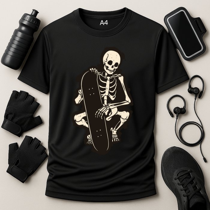 Skeleton Skateboarder Cooling Performance Crew T-Shirt