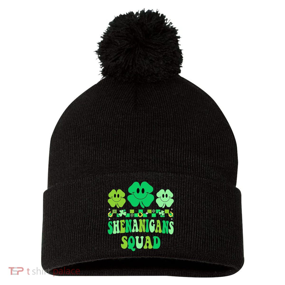 Shenanigans Squad St Patricks Day Groovy Shamrock Pom Pom 12in Knit Beanie