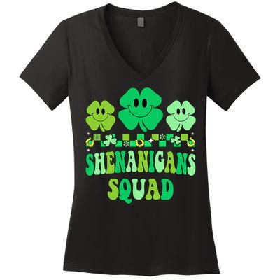 Shenanigans Squad St Patricks Day Groovy Shamrock Women's V-Neck T-Shirt