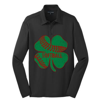 Softball Shamrock St Patricks Day Gift Baseball Lover Gift Silk Touch Performance Long Sleeve Polo