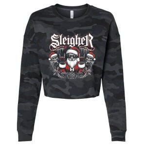 Sleigher Skull Santa Rock N’ Roll Christmas Metal Cropped Pullover Crew