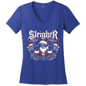 Sleigher Skull Santa Rock N’ Roll Christmas Metal Women's V-Neck T-Shirt