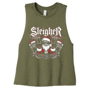 Sleigher Skull Santa Rock N’ Roll Christmas Metal Women's Racerback Cropped Tank