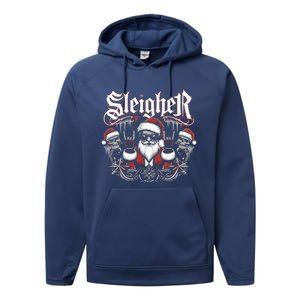 Sleigher Skull Santa Rock N’ Roll Christmas Metal Performance Fleece Hoodie