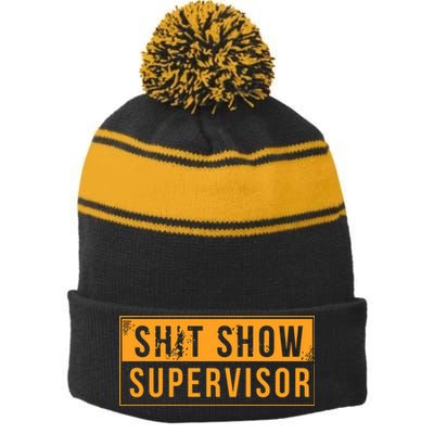 Shit Show Supervisor Retro Stripe Pom Pom Beanie