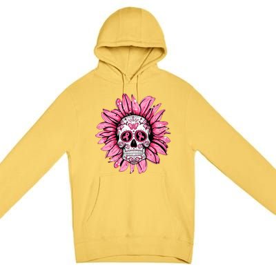 Sunflower Sugar Skull Breast Cancer Awareness Premium Pullover Hoodie