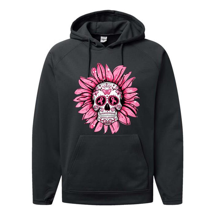 Sunflower Sugar Skull Breast Cancer Awareness Performance Fleece Hoodie