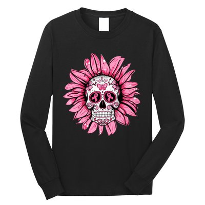 Sunflower Sugar Skull Breast Cancer Awareness Long Sleeve Shirt