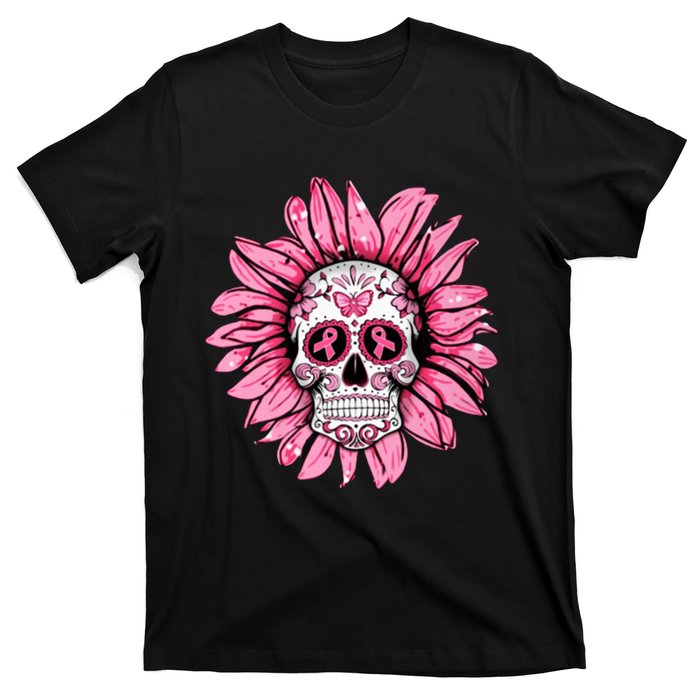 Sunflower Sugar Skull Breast Cancer Awareness T-Shirt