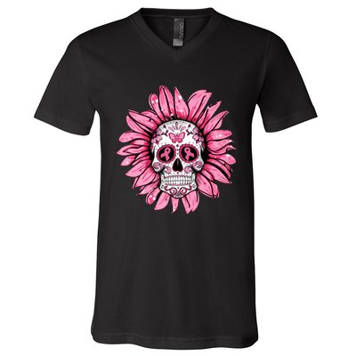 Sunflower Sugar Skull Breast Cancer Awareness V-Neck T-Shirt