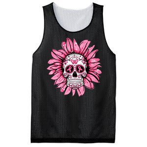 Sunflower Sugar Skull Breast Cancer Awareness Mesh Reversible Basketball Jersey Tank