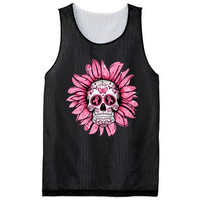 Sunflower Sugar Skull Breast Cancer Awareness Mesh Reversible Basketball Jersey Tank