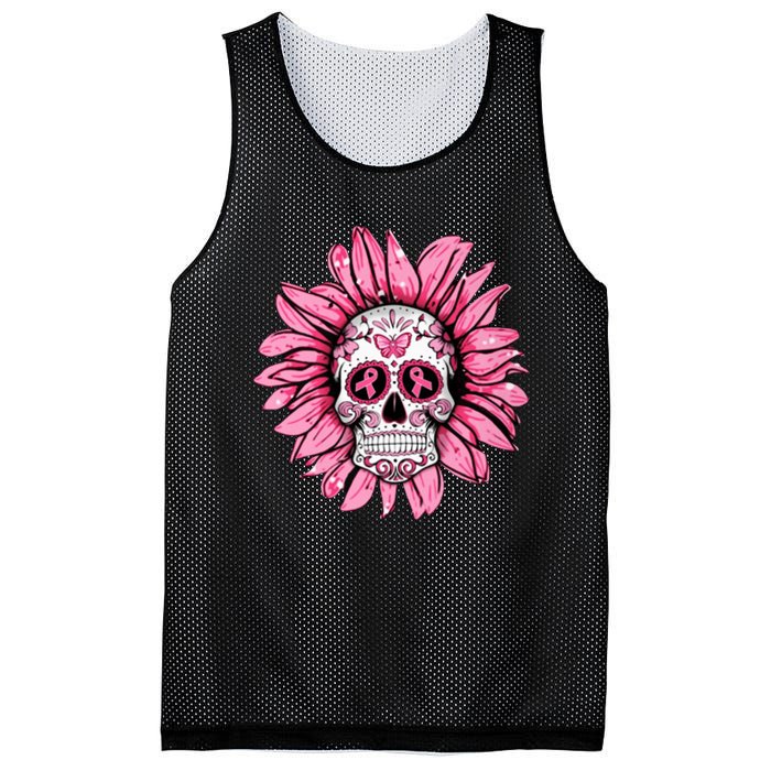 Sunflower Sugar Skull Breast Cancer Awareness Mesh Reversible Basketball Jersey Tank