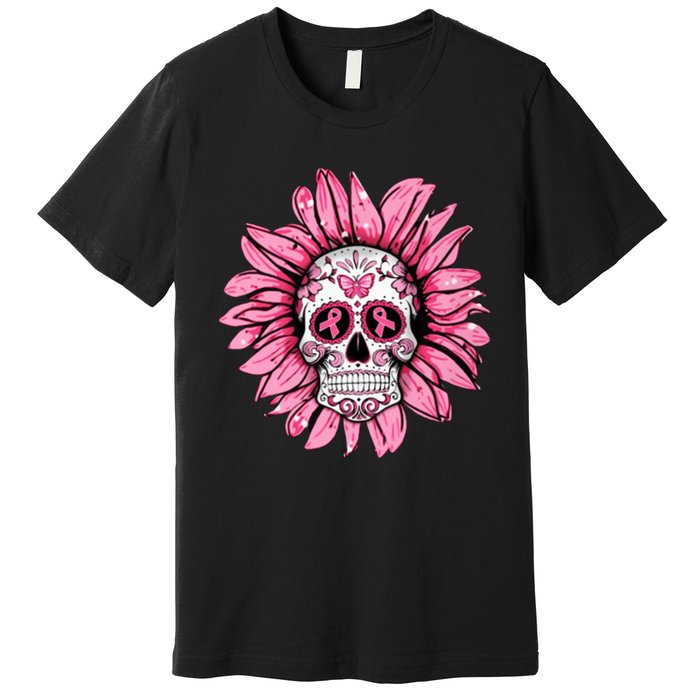 Sunflower Sugar Skull Breast Cancer Awareness Premium T-Shirt