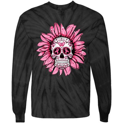 Sunflower Sugar Skull Breast Cancer Awareness Tie-Dye Long Sleeve Shirt