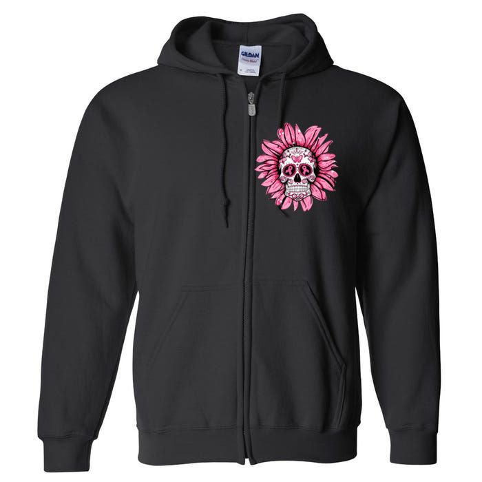 Sunflower Sugar Skull Breast Cancer Awareness Full Zip Hoodie