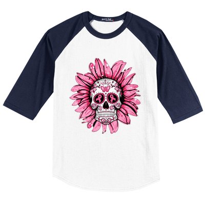 Sunflower Sugar Skull Breast Cancer Awareness Baseball Sleeve Shirt