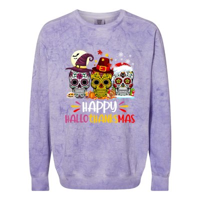 Sugar Skull Skeleton Halloween Xmas Happy Hallothanksmas Colorblast Crewneck Sweatshirt