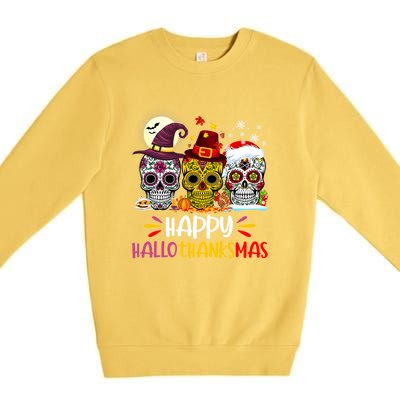 Sugar Skull Skeleton Halloween Xmas Happy Hallothanksmas Premium Crewneck Sweatshirt