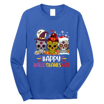 Sugar Skull Skeleton Halloween Xmas Happy Hallothanksmas Long Sleeve Shirt