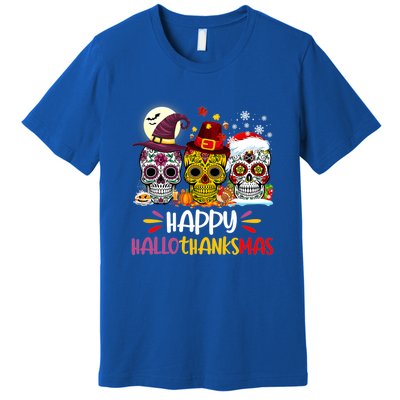 Sugar Skull Skeleton Halloween Xmas Happy Hallothanksmas Premium T-Shirt