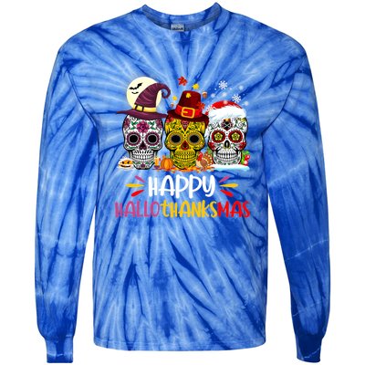 Sugar Skull Skeleton Halloween Xmas Happy Hallothanksmas Tie-Dye Long Sleeve Shirt