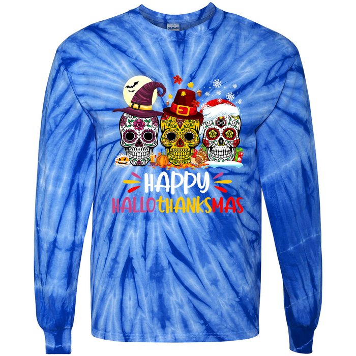 Sugar Skull Skeleton Halloween Xmas Happy Hallothanksmas Tie-Dye Long Sleeve Shirt