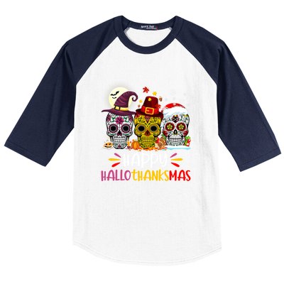 Sugar Skull Skeleton Halloween Xmas Happy Hallothanksmas Baseball Sleeve Shirt