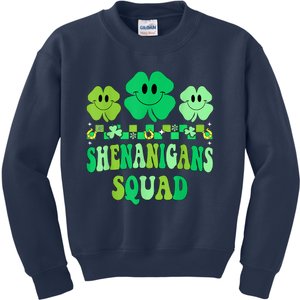 Shenanigans Squad St Patricks Day Shamrock Groovy Retro Kids Sweatshirt