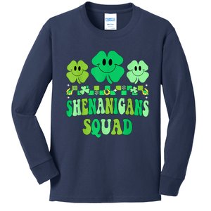 Shenanigans Squad St Patricks Day Shamrock Groovy Retro Kids Long Sleeve Shirt