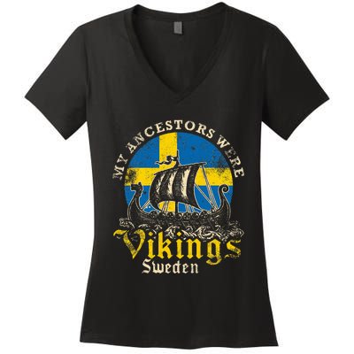 Swedish Sweden Swede Viking Ship Flag Women's V-Neck T-Shirt