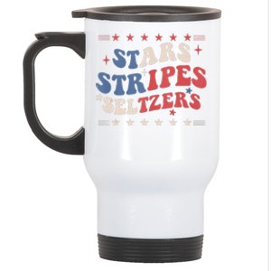 Stars Stripes Seltzers 4th Of July Patriotic Groovy Retro Stainless Steel Travel Mug