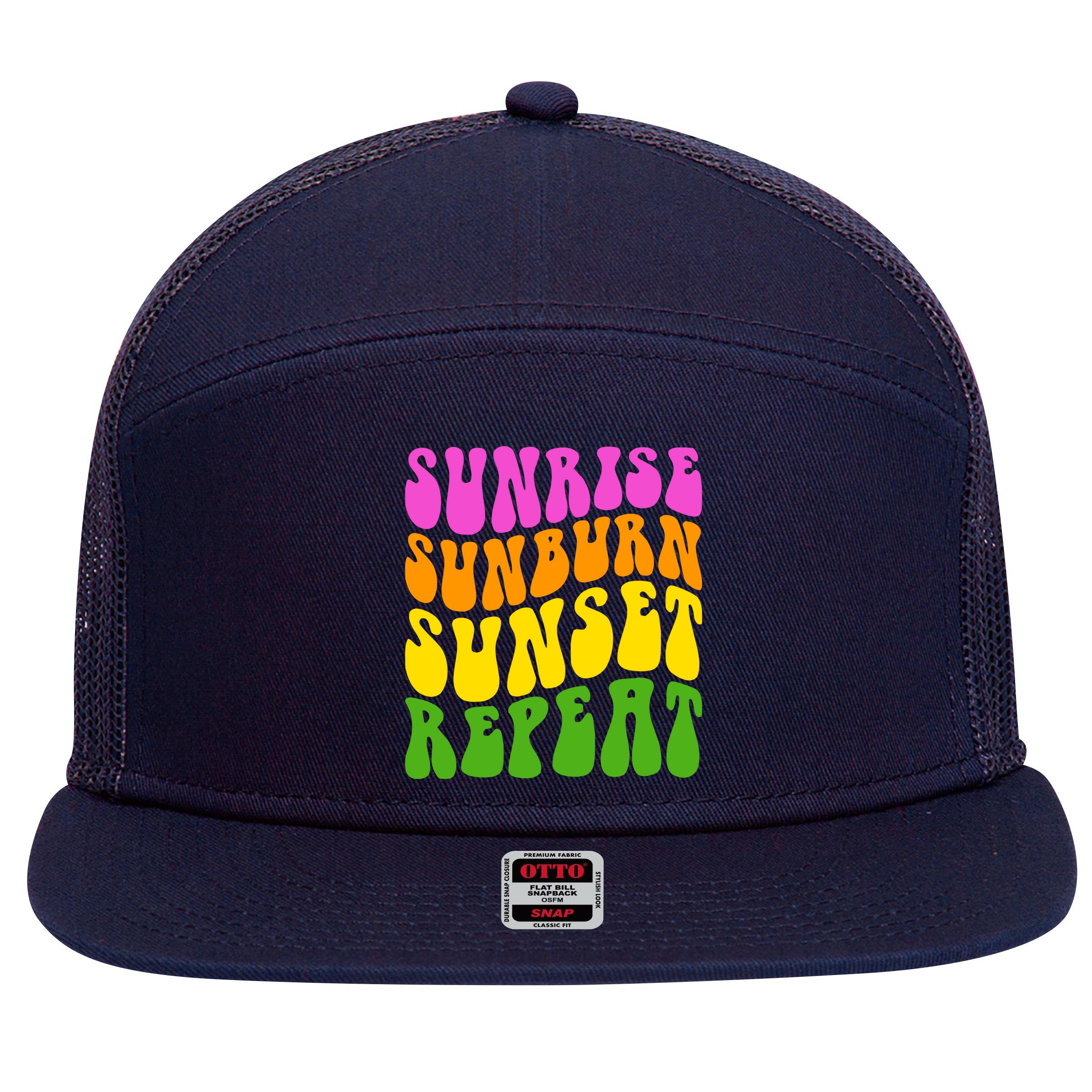 Sunrise Sunburn Sunset Repeat Retro Summer 7 Panel Mesh Trucker Snapback Hat
