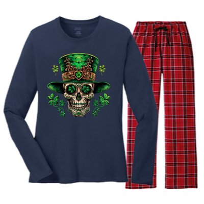 Sugar Skull St Patrick Day Of The Dead Women's Long Sleeve Flannel Pajama Set 