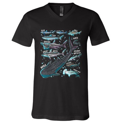 Shark Species Shark Gifts Shark Faces Tee Marine Biology V-Neck T-Shirt