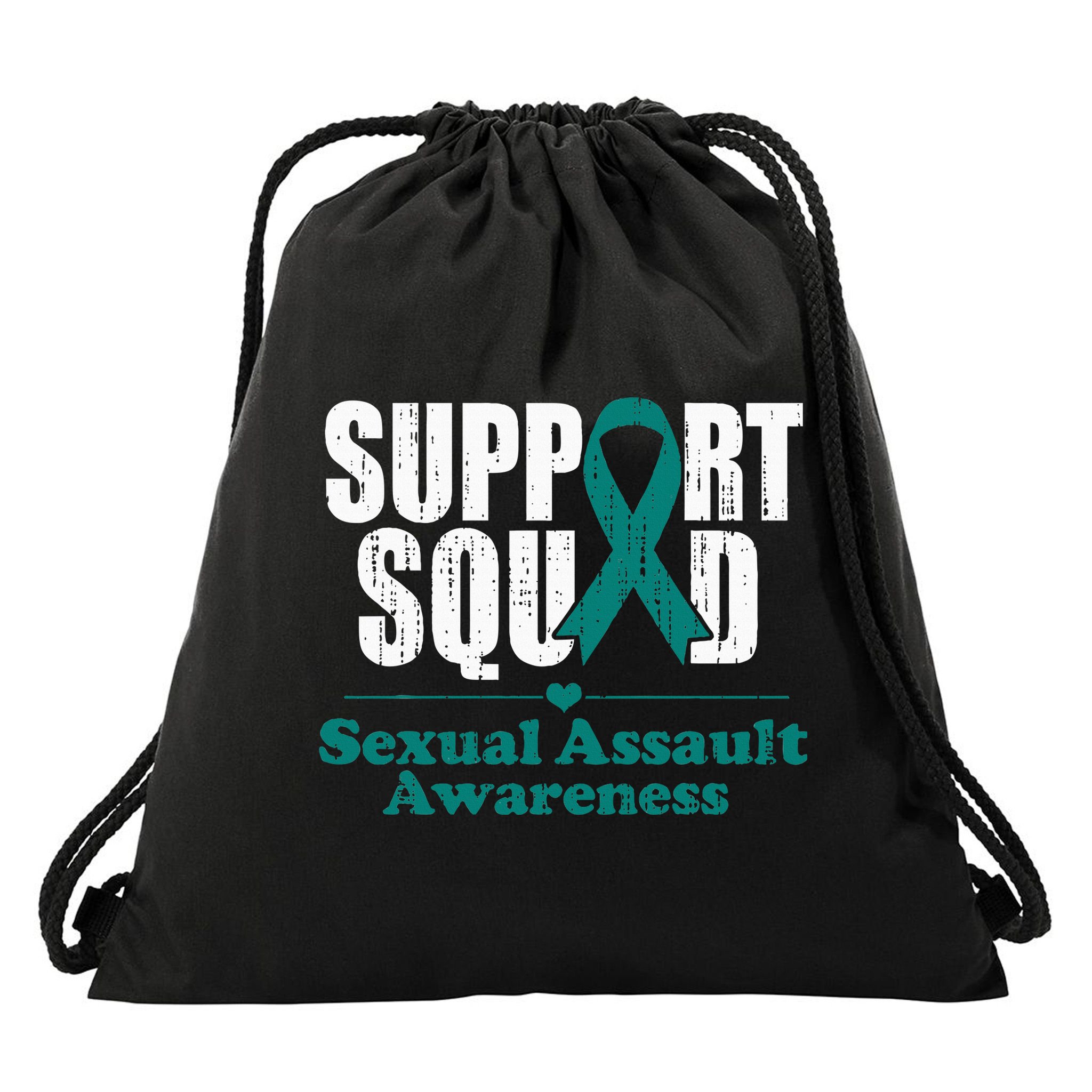 Support Squad Sexual Assault Awareness Month Teal Ribbon Drawstring Bag
