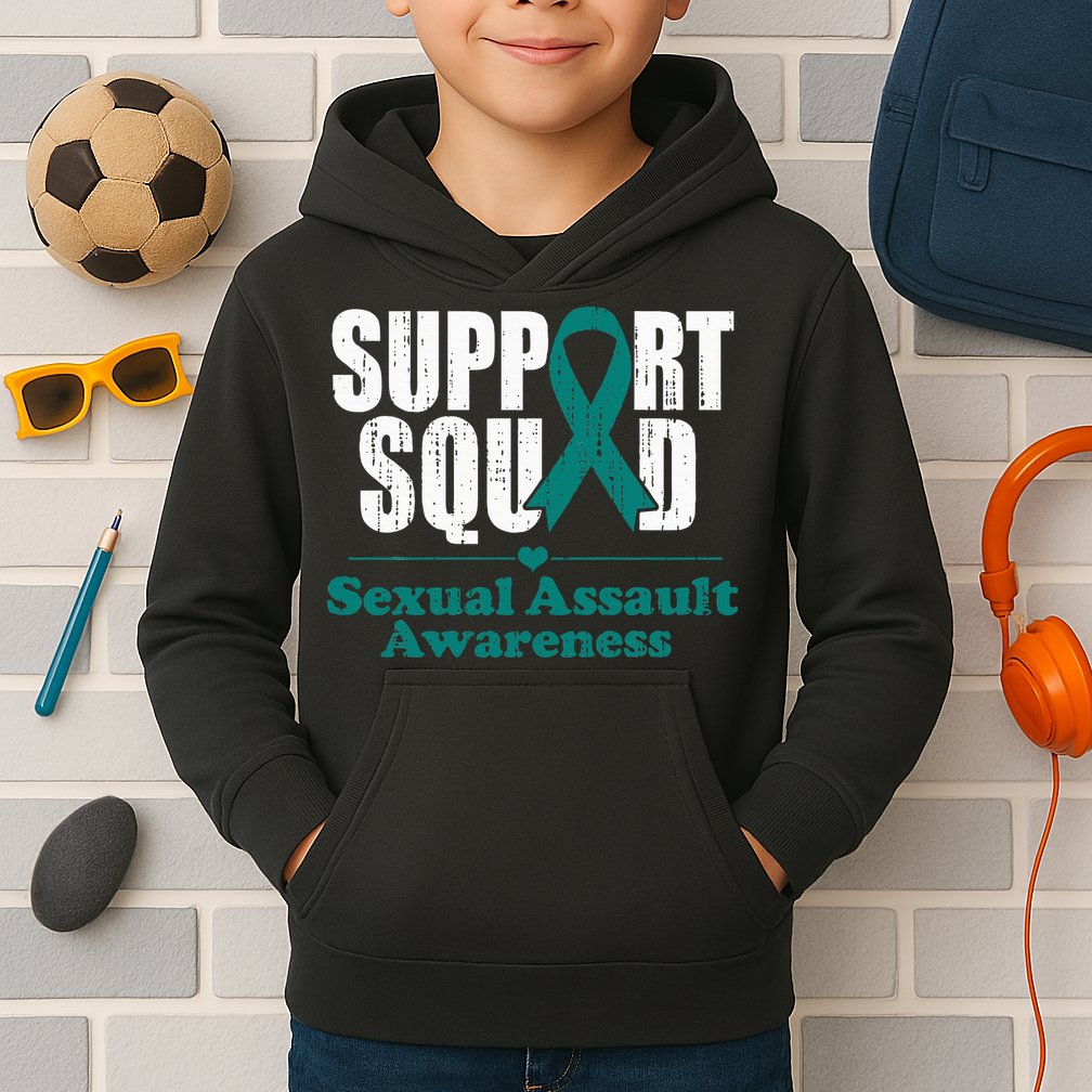 Support Squad Sexual Assault Awareness Month Teal Ribbon Kids Hoodie