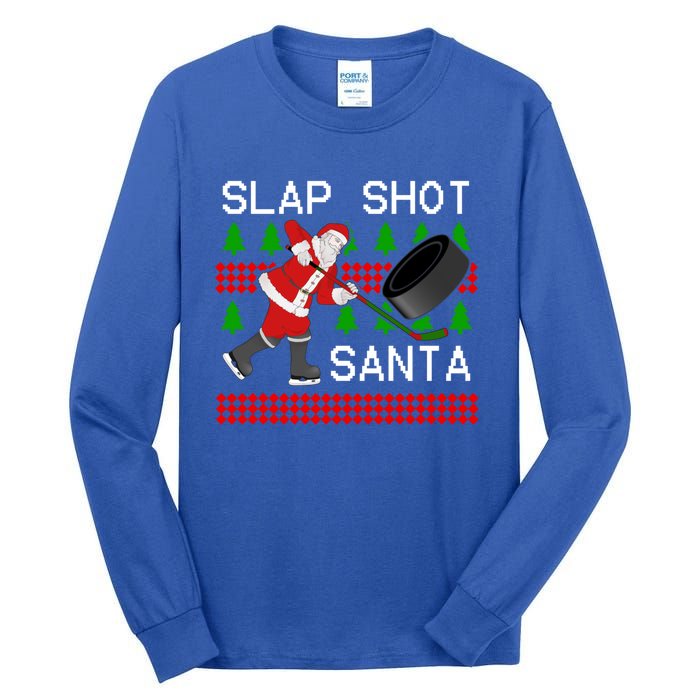 Slap Shot Santa Hockey Christmas Gift Office Christmas Party Meaningful Gift Tall Long Sleeve T-Shirt