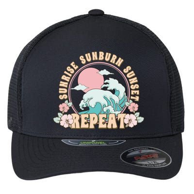 Sunrise Sunburn Sunset Repeat Beach Day Vacation Sea Ocean Gift Flexfit Unipanel Trucker Cap