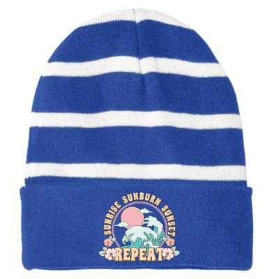 Sunrise Sunburn Sunset Repeat Beach Day Vacation Sea Ocean Gift Striped Beanie with Solid Band