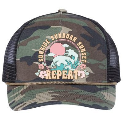 Sunrise Sunburn Sunset Repeat Beach Day Vacation Sea Ocean Gift Retro Rope Trucker Hat Cap